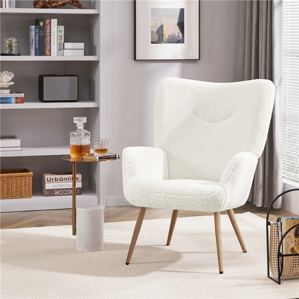 Mid-Century Modern Wingback Accent Chair, White Boucle