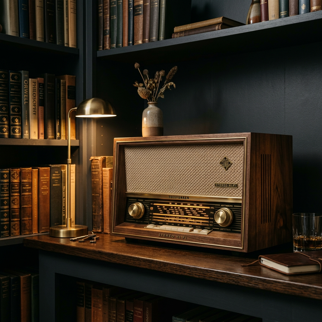 Walnut Cabinet Table Radio | Astoria Collection - Hand-finished walnut study silhouette.