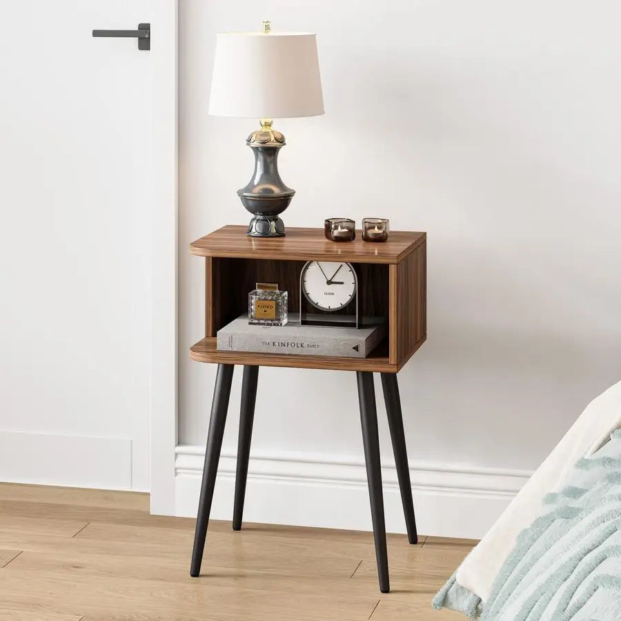 Cordoba Collection | Low-Profile Brass-Accented Walnut Nightstands - Set of 2 - presented at scale within a designed interior in a Mid-Century Modern bedroom setting.