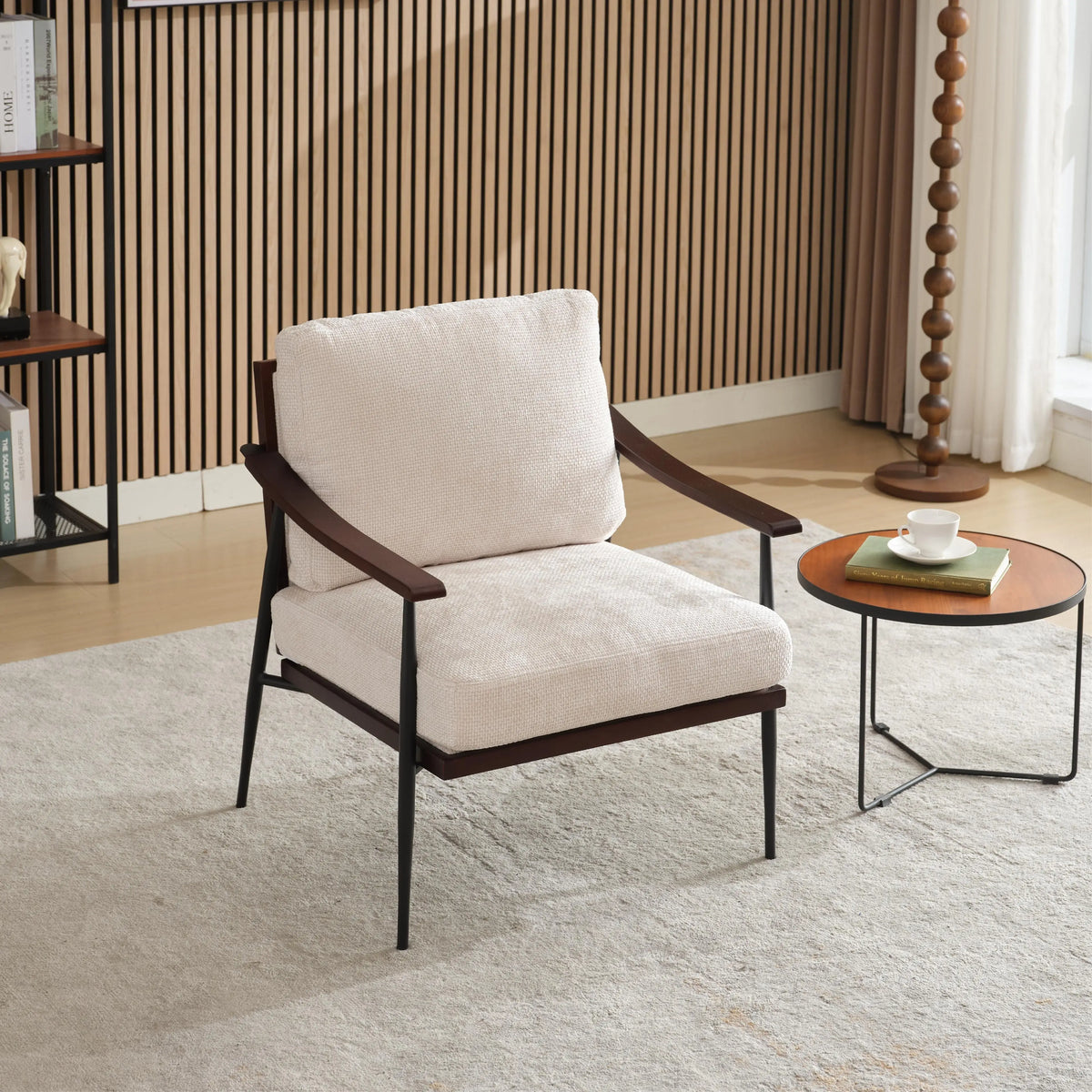 Ellington Collection | Tapered-Leg Atomic-Era Linen Accent Chair - featuring close-up joinery and artisanal finish quality in a Mid-Century Modern living room setting.