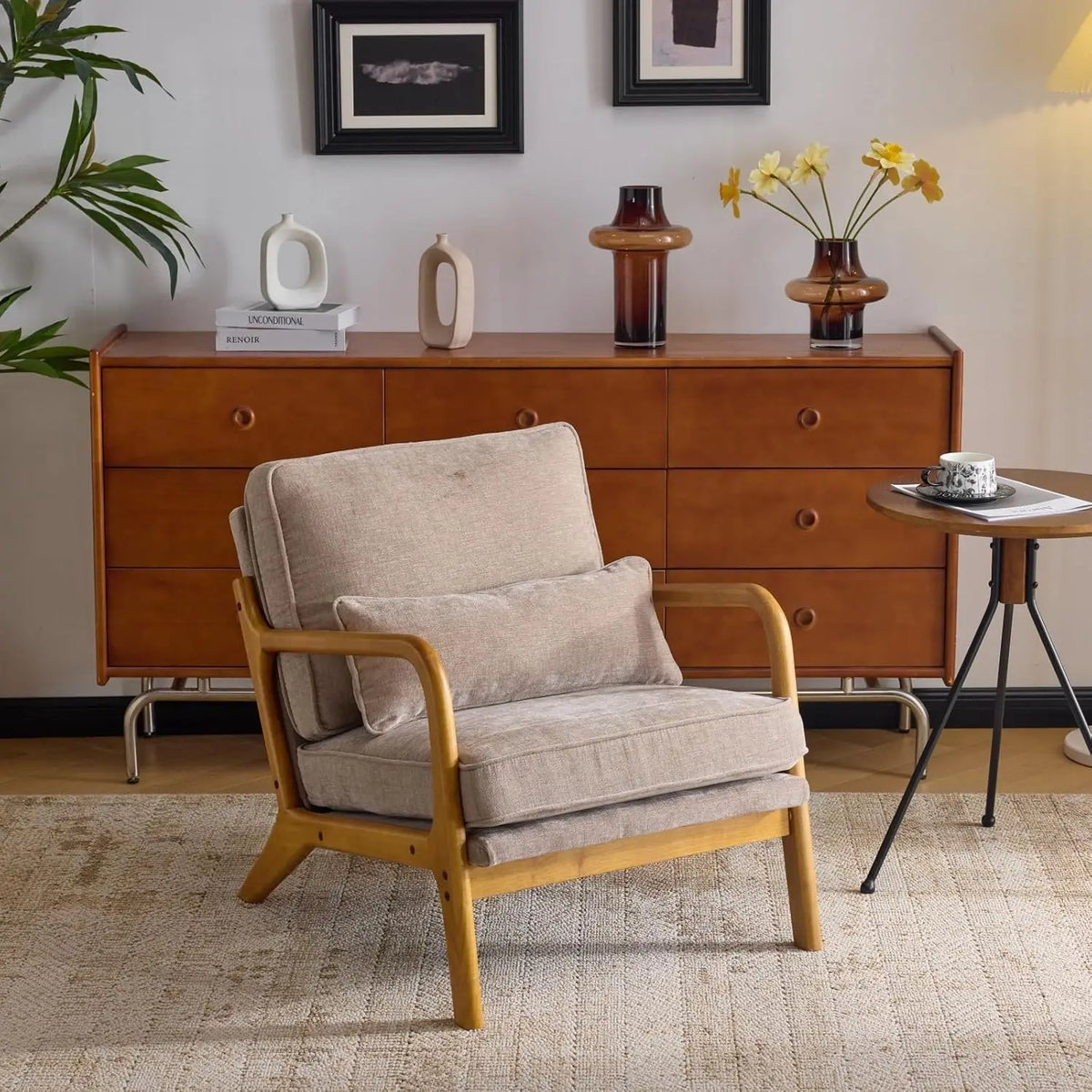 Valencia Collection | Sculptural Desert-Modern Chenille Accent Chair - presented at scale within a designed interior in a Mid-Century Modern living room setting.