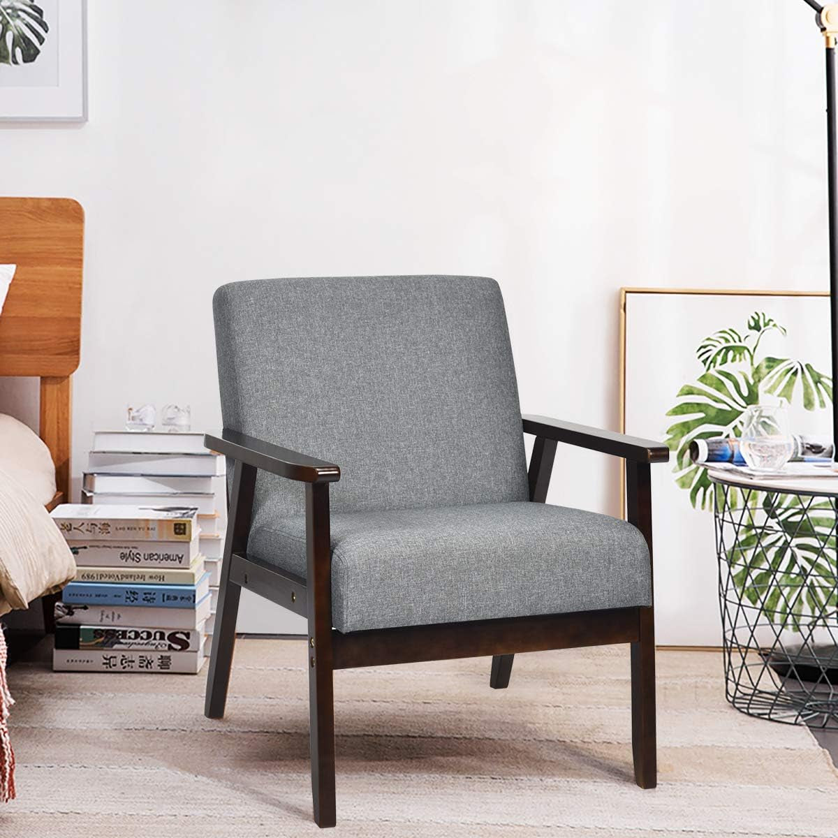 GIANTEX Mid-Century Modern Accent Chair, Retro Fabric Armchair, Solid Hardwood Made, Upholstered Linen Lounge Arm Chair for Living Room (1, Dark Grey)