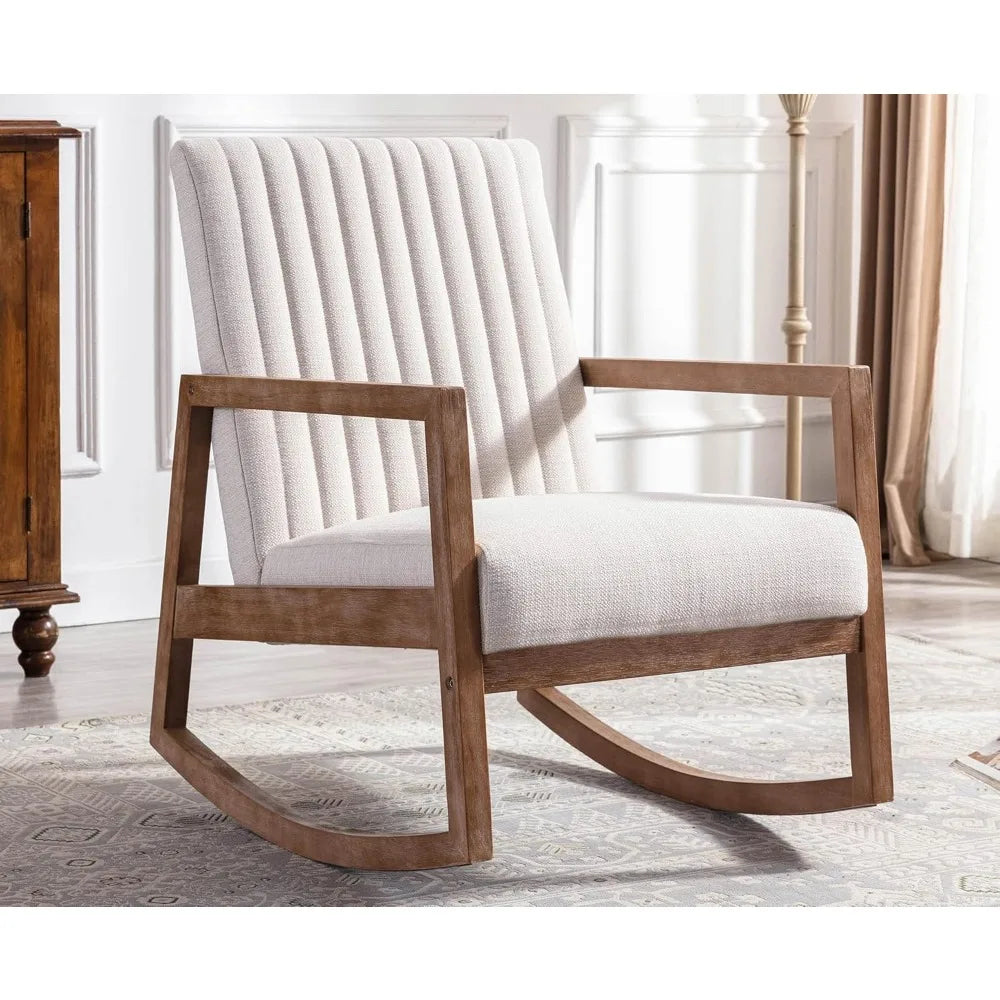 Mid-Century Modern Upholstered Linen Rocking Chair with Light Walnut Frame