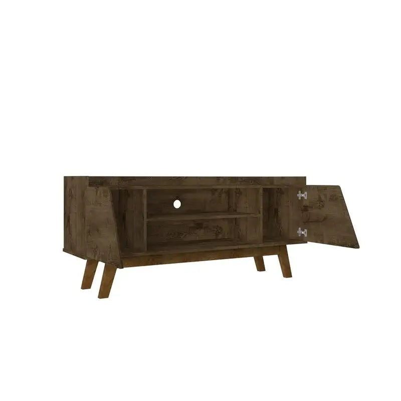 Dresden Collection | Floating Brass-Accented Walnut TV Stand - presented at scale within a designed interior in a Mid-Century Modern living room setting.