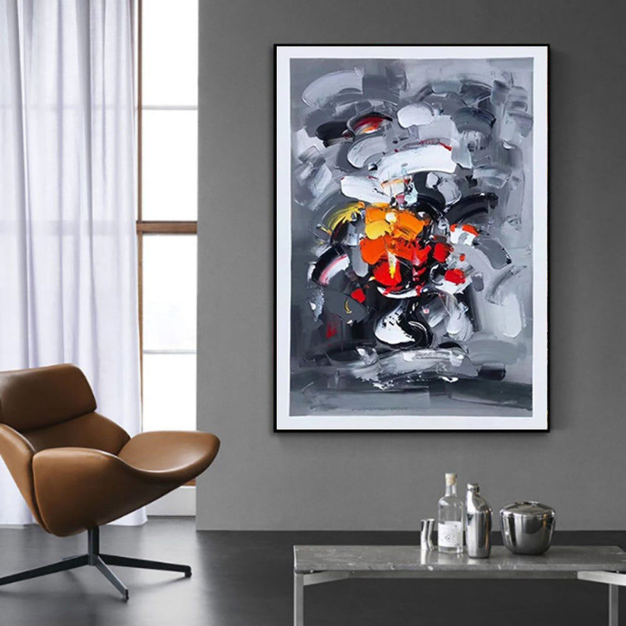 Mid-Century Modern Grey Abstract Canvas Art - Handmade Oil Painting