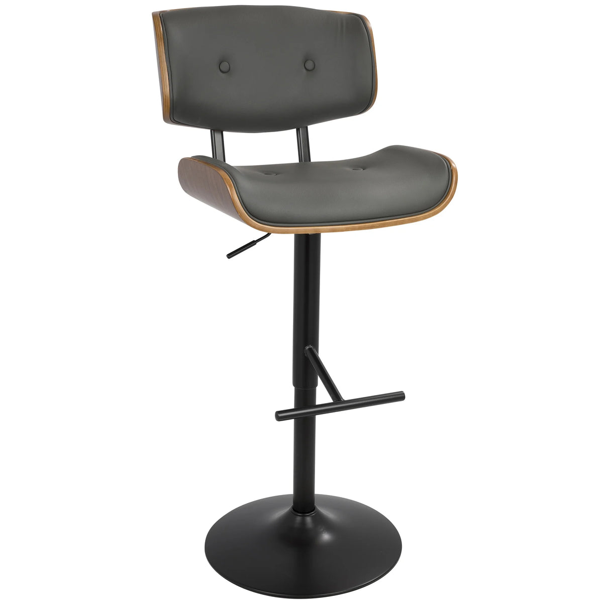 Lombardi Mid-Century Modern Adjustable Barstool in Walnut with Grey Faux Leather by