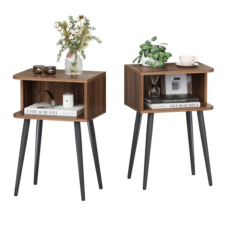 Cordoba Collection | Low-Profile Brass-Accented Walnut Nightstands - Set of 2 - styled from an alternate angle revealing dimensional depth in a Mid-Century Modern bedroom setting.