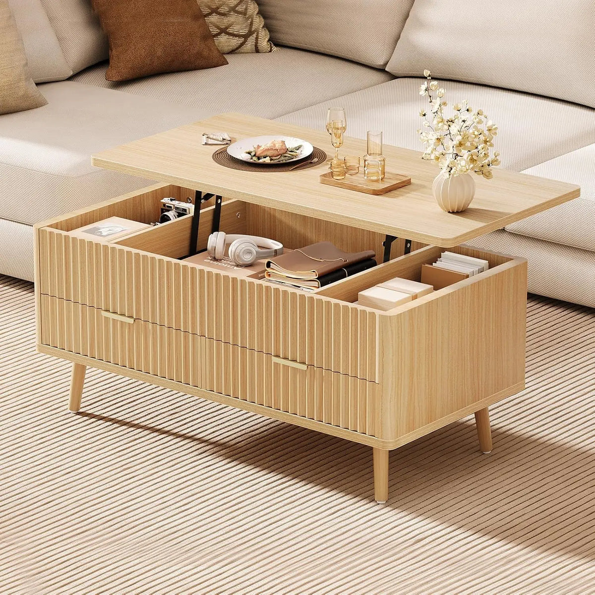 The Belmont Fluted Walnut Lift Top Coffee Table