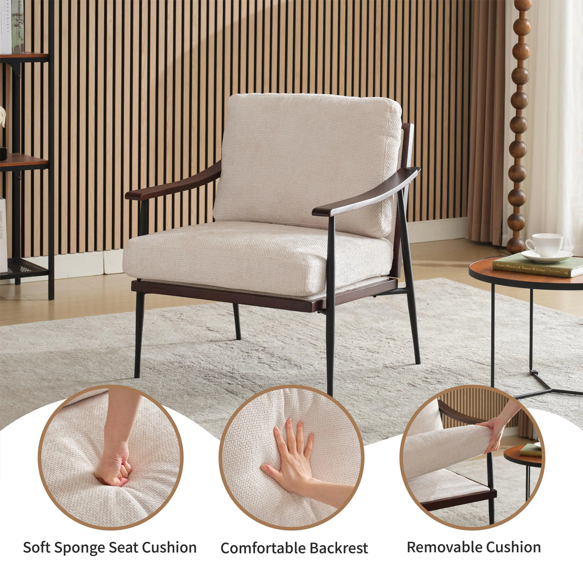 Ellington Collection | Tapered-Leg Atomic-Era Linen Accent Chair - presented at scale within a designed interior in a Mid-Century Modern living room setting.