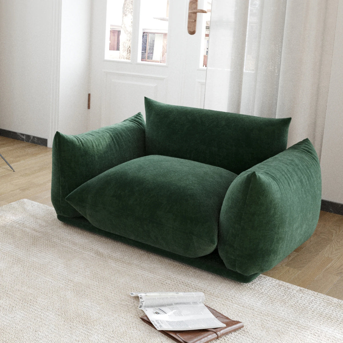 Valencia Collection | Gold-Trimmed Atomic-Era Chenille Accent Chair - detail view 12 revealing design nuance in a Mid-Century Modern living room setting.
