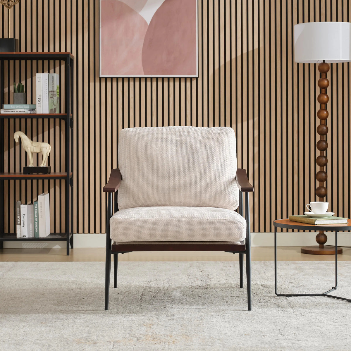 Ellington Collection | Tapered-Leg Atomic-Era Linen Accent Chair - captured in a curated lifestyle vignette in a Mid-Century Modern living room setting.
