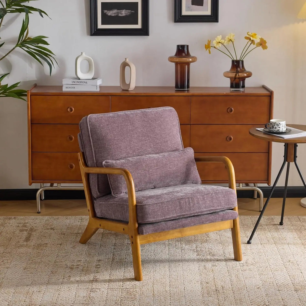 Valencia Collection | Sculptural Desert-Modern Chenille Accent Chair - captured in a curated lifestyle vignette in a Mid-Century Modern living room setting.