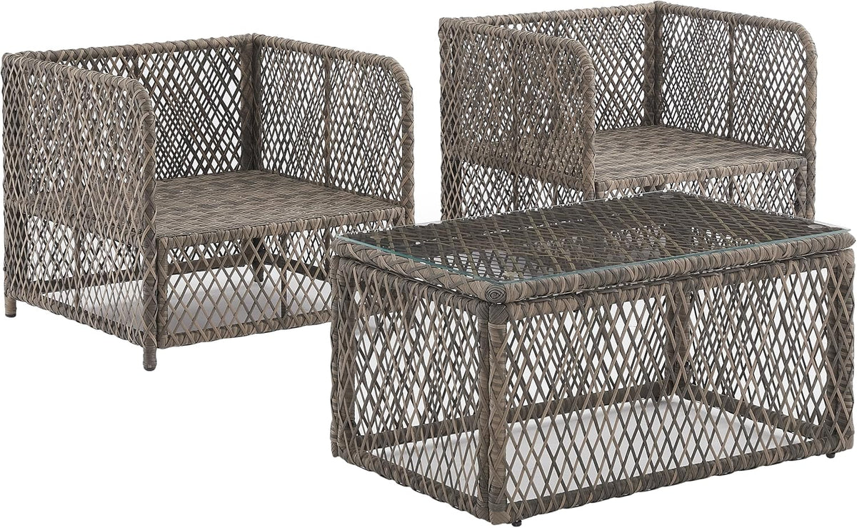 Granite Bay 3-Piece Outdoor Chair and Coffee Table, Modern Wicker Patio Furniture, Porch, Deck, Creme