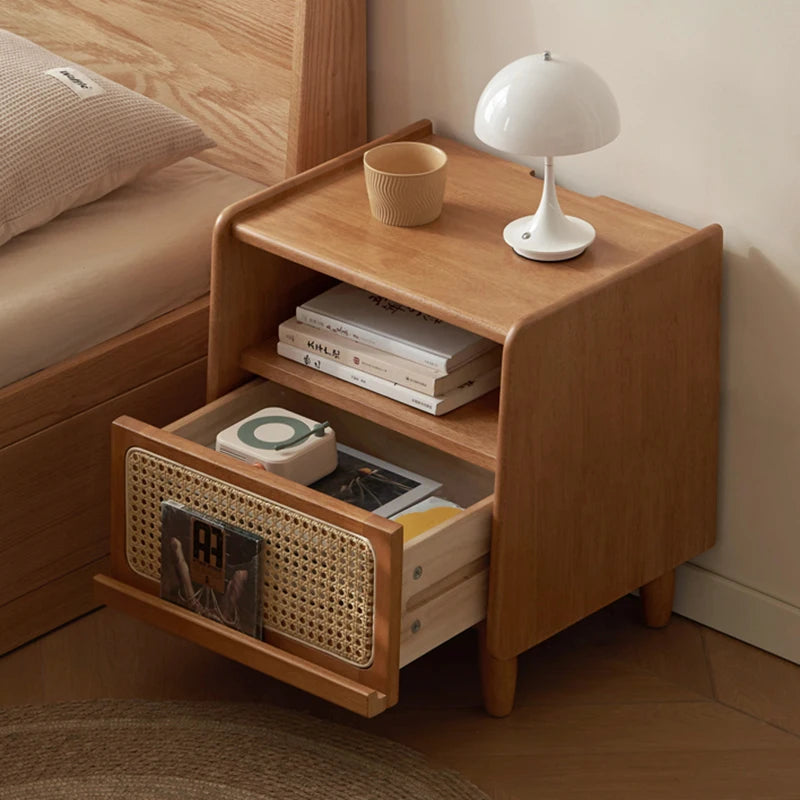Dresden Collection | Streamlined Atomic-Era Lacquered Walnut Nightstands - captured in a curated lifestyle vignette in a Mid-Century Modern bedroom setting.