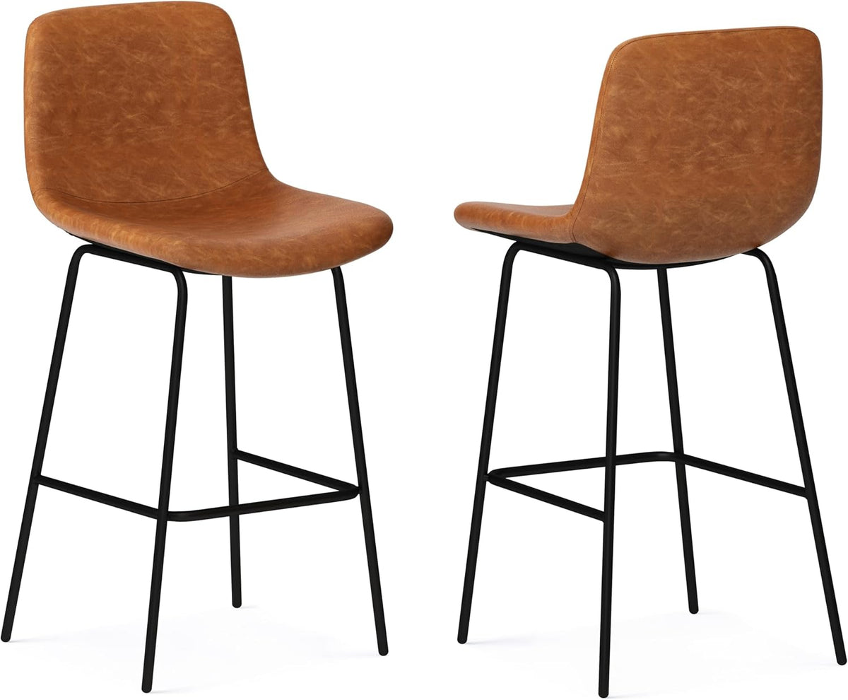 SIMPLIHOME Raya 24" Seat Height Vegan Leather Counter Stool (Set of 2) | Aqua Blue, Mid-Century Counter Stools with Curved Backrest and Footrest; Upholstered Kitchen or Bar Seating.