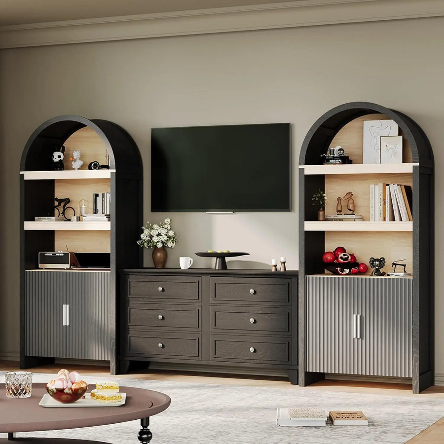 Dresden Collection | Fluted Atomic-Era Walnut Arched Bookshelf - showcasing full sculptural form and curated finish in a Mid-Century Modern home office setting.