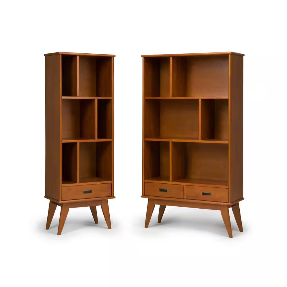 Draper Solid Hardwood 64 In. X 35 In. Mid-Century Modern Wide Bookcase and Storage Unit in Teak Brown