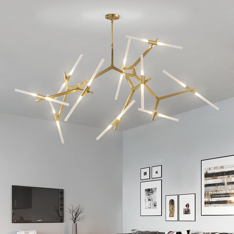 Ellington Collection | Geometric Atomic-Era Herringbone Branch Chandelier - showcasing full sculptural form and curated finish in a Mid-Century Modern living room setting.