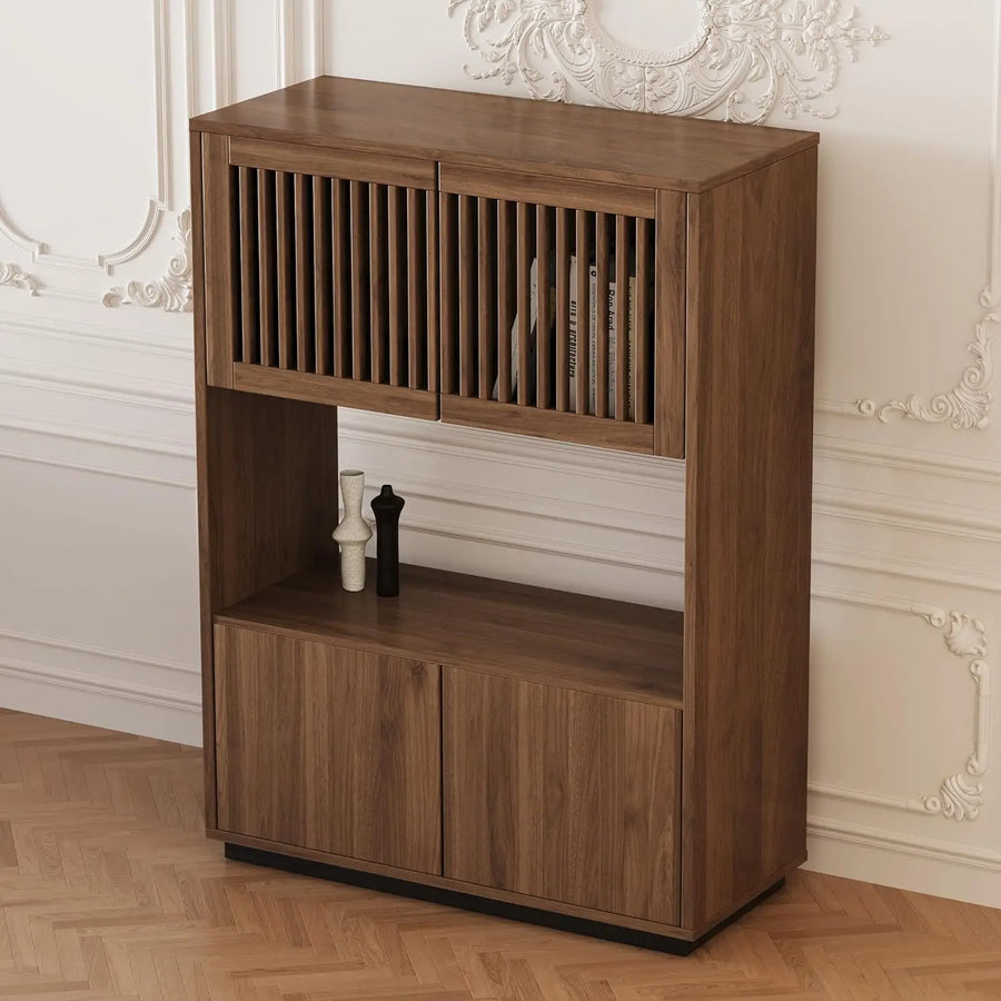 Dresden Collection | Compact Nordic Walnut Storage Cabinet - showcasing full sculptural form and curated finish in a Mid-Century Modern living room setting.