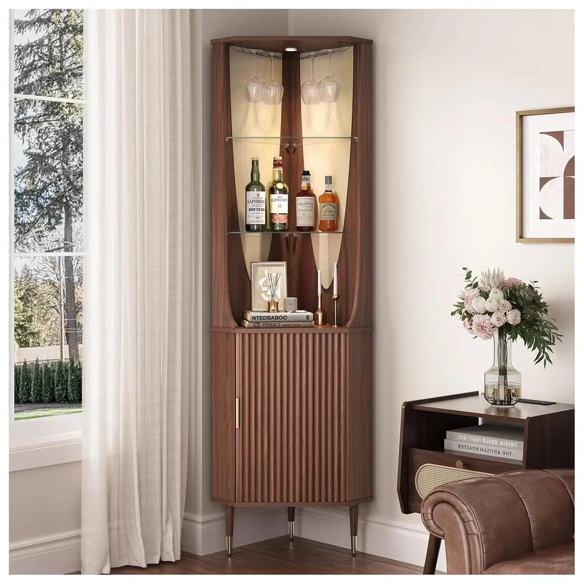 Fontaine Collection | Fluted Glass-Topped Walnut Corner Bar Cabinet - highlighting material texture and craftsmanship detail in a Mid-Century Modern dining room setting.
