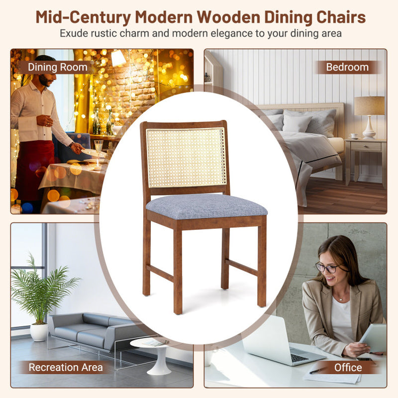 Rattan Dining Chair Set of 2 with Rubber Wood Frame and Linen Fabric Padded Seat