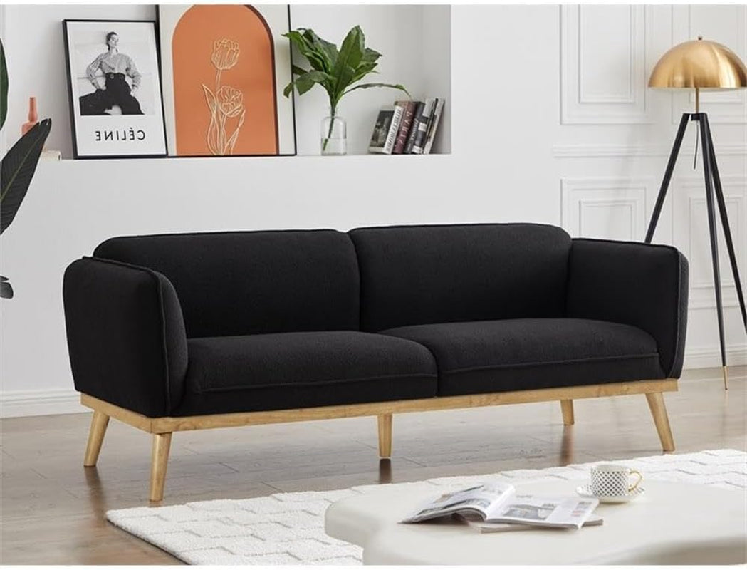 Meridian Furniture 159Black-S Nolita Collection Mid-Century Modern Boucle Fabric Upholstered Sofa with Rich Black Boucle Fabric, Natural Finish Solid Wood Base, 82" W X 32.5" D X 32" H, Black