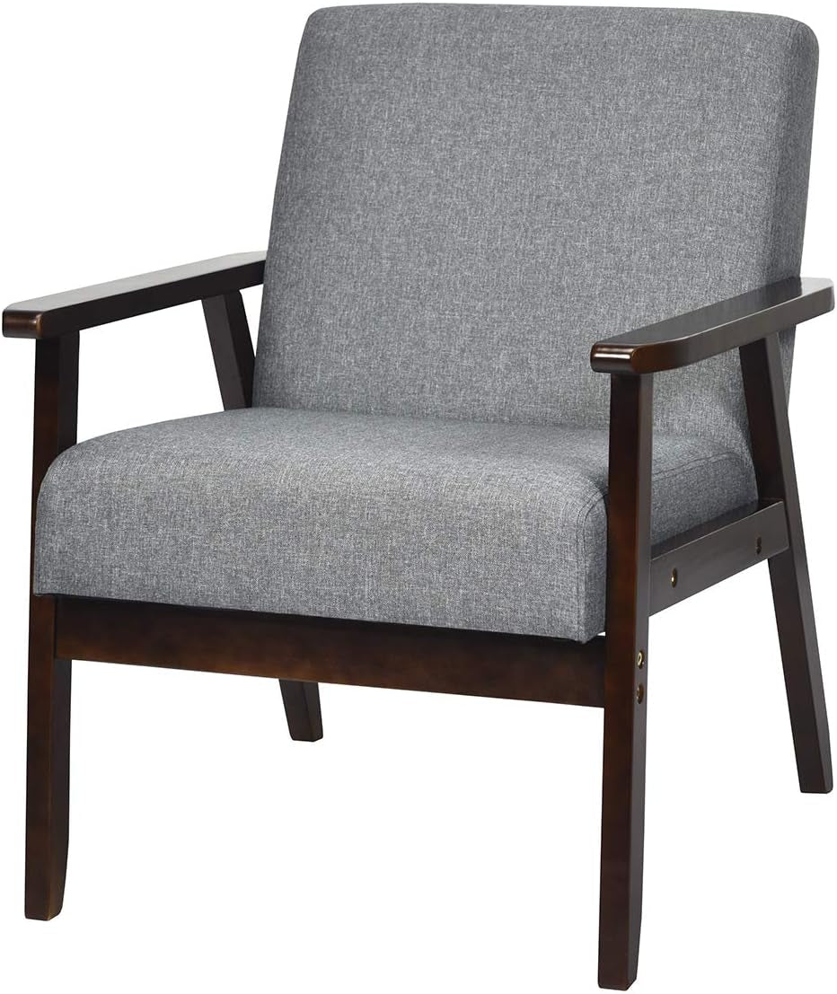 GIANTEX Mid-Century Modern Accent Chair, Retro Fabric Armchair, Solid Hardwood Made, Upholstered Linen Lounge Arm Chair for Living Room (1, Dark Grey)
