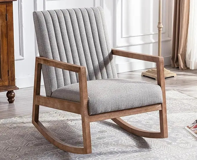 Mid-Century Modern Upholstered Linen Rocking Chair with Light Walnut Frame