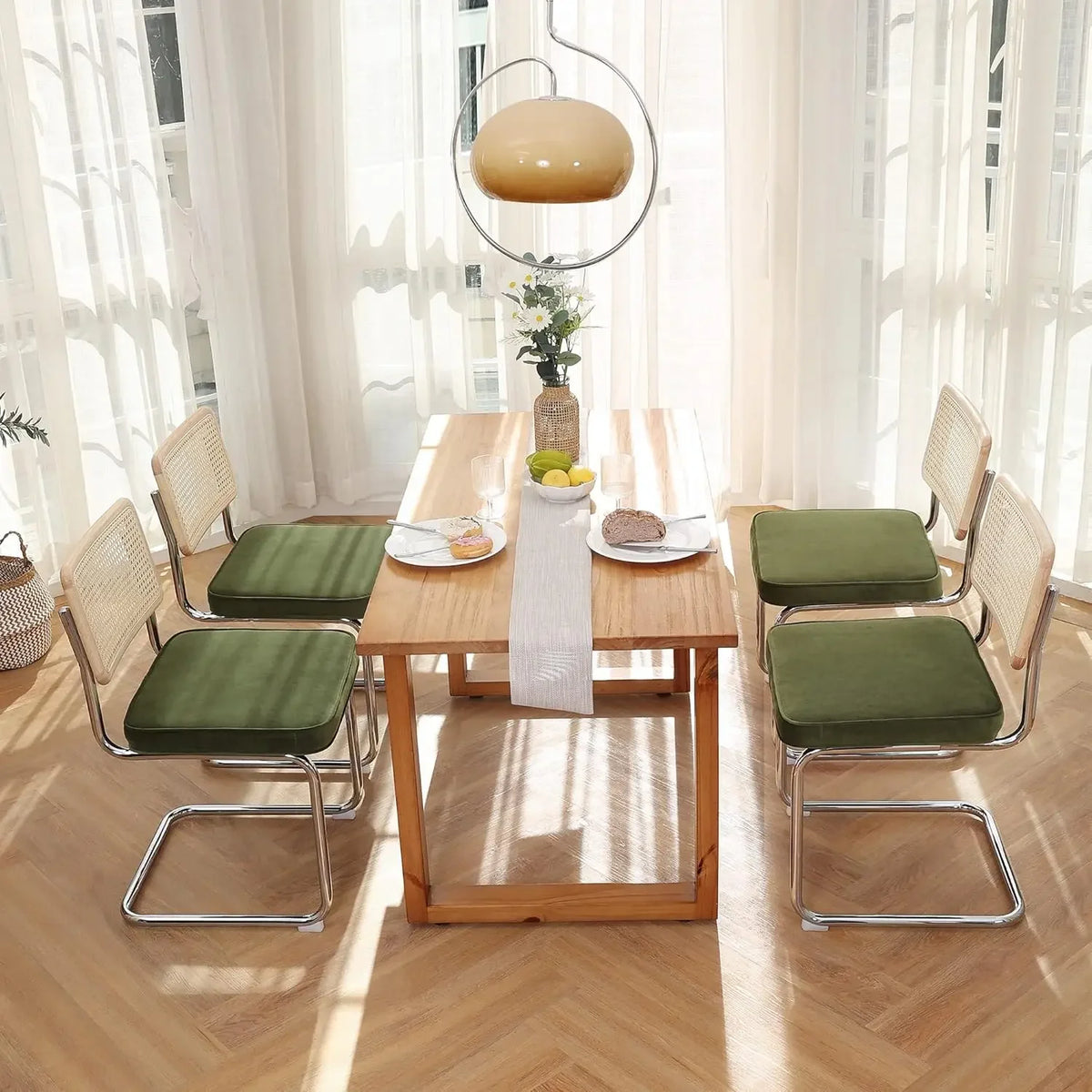 Cordoba Collection | Organic-Form Velvet-Cushioned Velvet & Rattan Dining Chair Set - presented at scale within a designed interior in a Mid-Century Modern dining room setting.