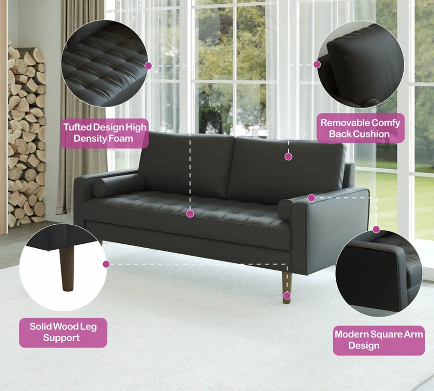 Bridgeview Leather Mid Century Modern Upholstered Square Arm Sofa or Loveseat