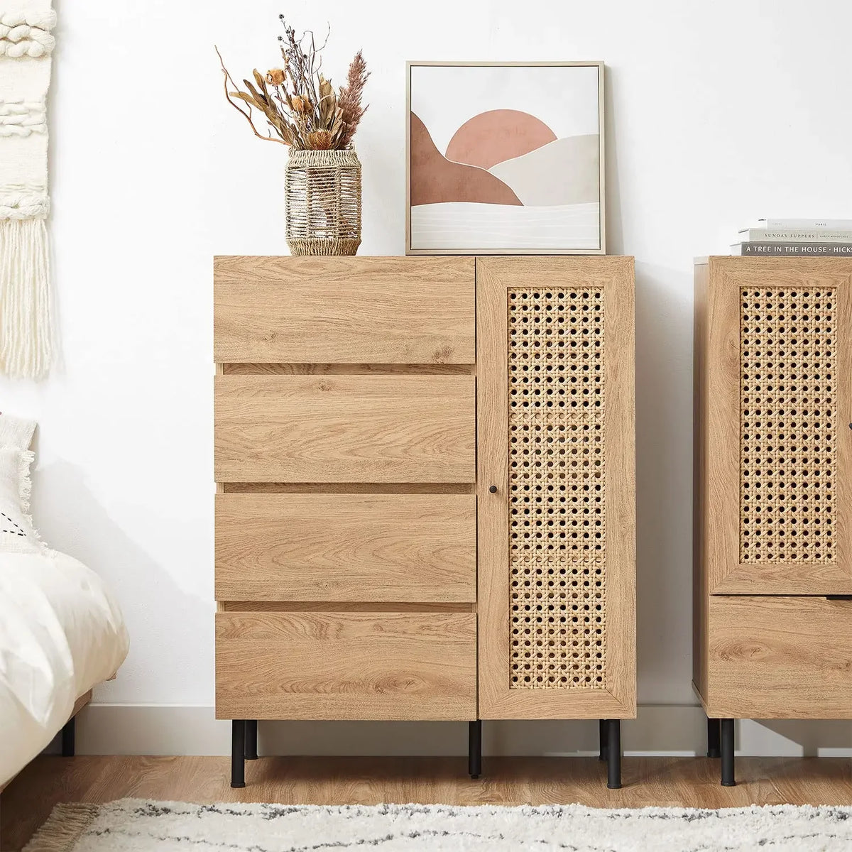 Belmont Collection | Floating Rattan-Woven Rattan Console - highlighting material texture and craftsmanship detail in a Mid-Century Modern entryway setting.