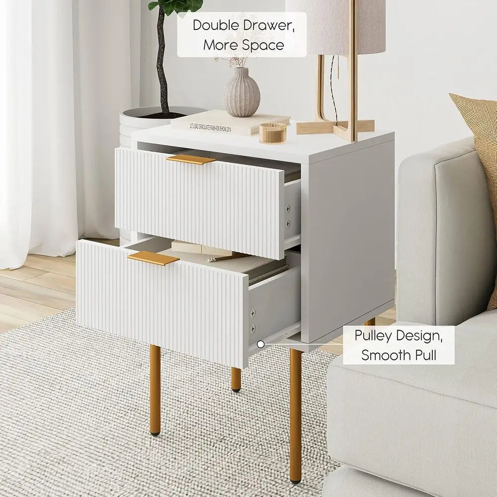 Belmont Collection | Fluted Gold-Trimmed Fluted Walnut Nightstand - highlighting material texture and craftsmanship detail in a Mid-Century Modern bedroom setting.