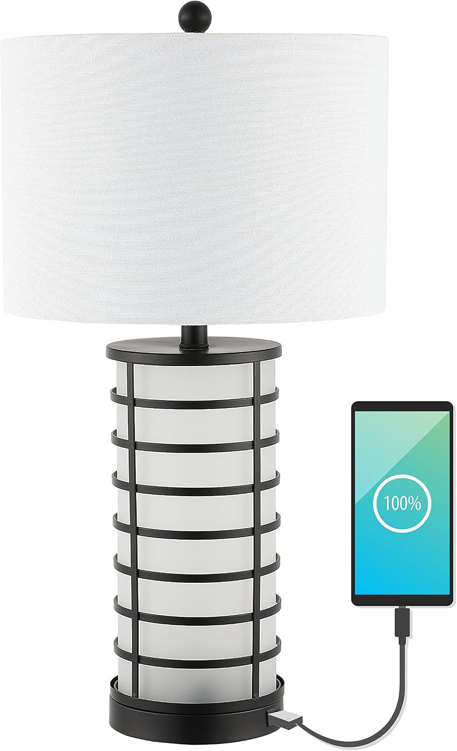 27" Black 2-Light Modern Industrial Iron Nightlight Table Lamp with USB Charging Port, White Linen Drum Shade for Bedroom Living Room, LED Bulbs Included JYL8502A