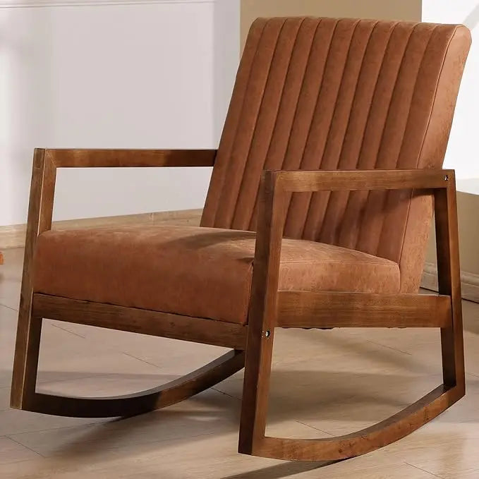 Mid-Century Modern Upholstered Linen Rocking Chair with Light Walnut Frame