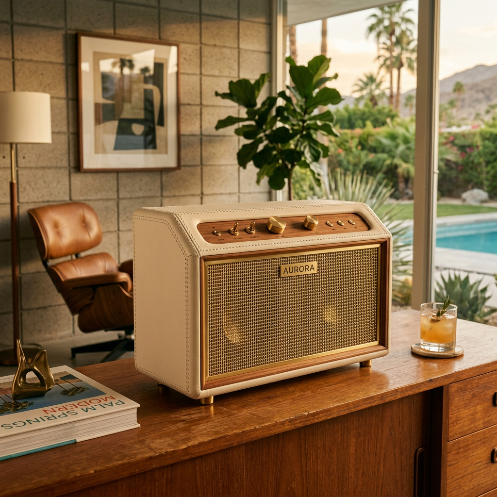 Retro-Look Leather & Brass Bluetooth Speaker | Fontaine Collection - Ivory leather and brass mesh detail.