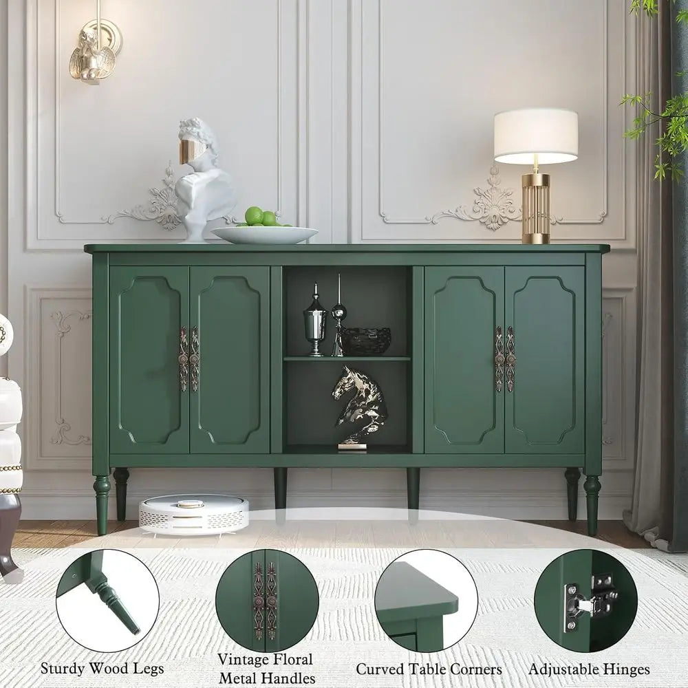 Belmont Collection | Geometric Brass-Accented Emerald Walnut Sideboard - styled from an alternate angle revealing dimensional depth in a Mid-Century Modern living room setting.
