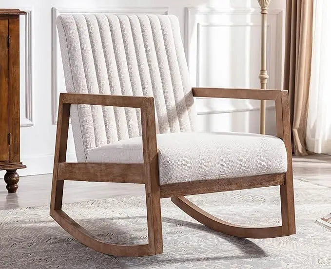 Belmont Collection | Sculptural Brass-Accented Linen Rocker - presented at scale within a designed interior in a Mid-Century Modern living room setting.