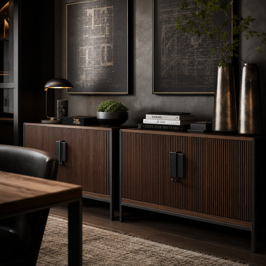 The Dresden Fluted Walnut & Steel Cabinets