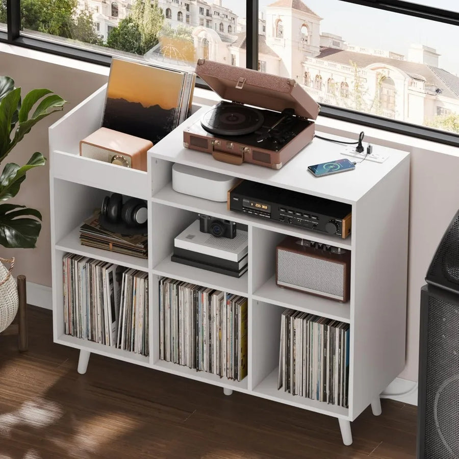 Ellington Collection | Tapered-Leg Brass-Accented Walnut Record Console - showcasing full sculptural form and curated finish in a Mid-Century Modern entryway setting.
