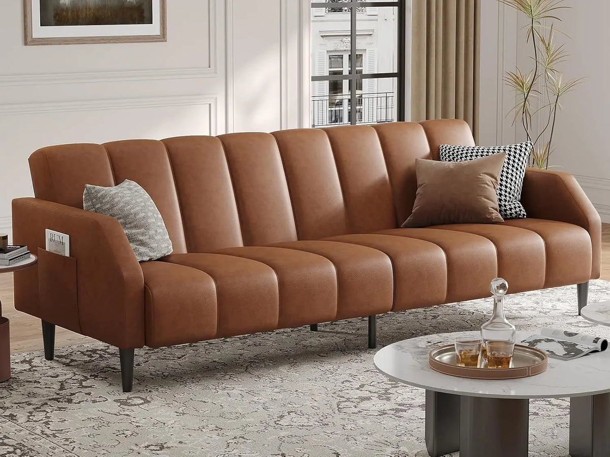 Belmont Collection | Streamlined Leather-Wrapped Convertible in Luxe Faux Leather - detail view 12 revealing design nuance in a Mid-Century Modern living room setting.