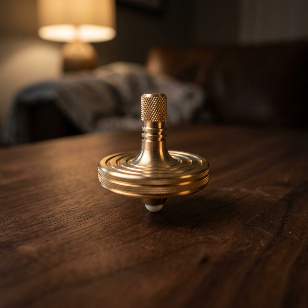 Machined Brass Kinetic Spinning Top | Dresden Collection - Precision-machined solid brass on dark walnut.