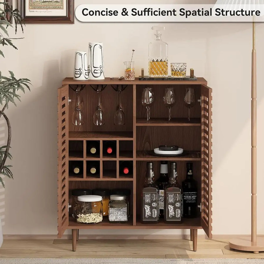 Dresden Collection | Slatted Glass-Topped Walnut Bar Cabinet - showcasing full sculptural form and curated finish in a Mid-Century Modern dining room setting.