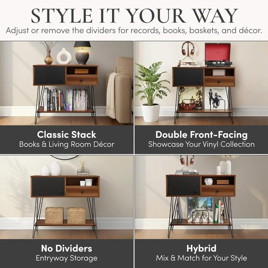 Ellington Collection | Sculptural Desert-Modern Walnut Record Stand - showcasing full sculptural form and curated finish in a Mid-Century Modern living room setting.