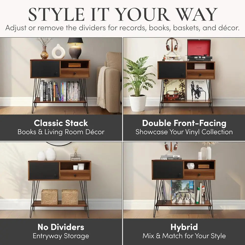 Ellington Collection | Sculptural Desert-Modern Walnut Record Stand - showcasing full sculptural form and curated finish in a Mid-Century Modern living room setting.