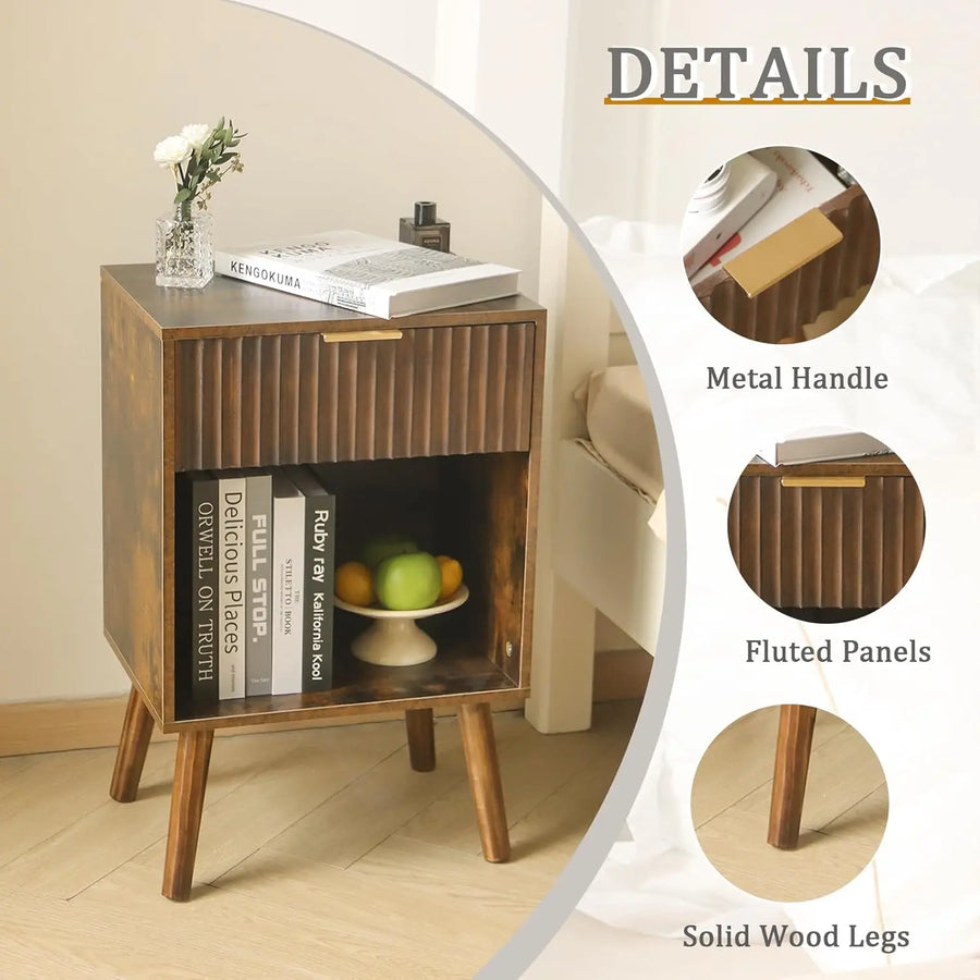 Dresden Collection | Nordic Fluted Walnut Nightstand - showcasing full sculptural form and curated finish in a Mid-Century Modern bedroom setting.