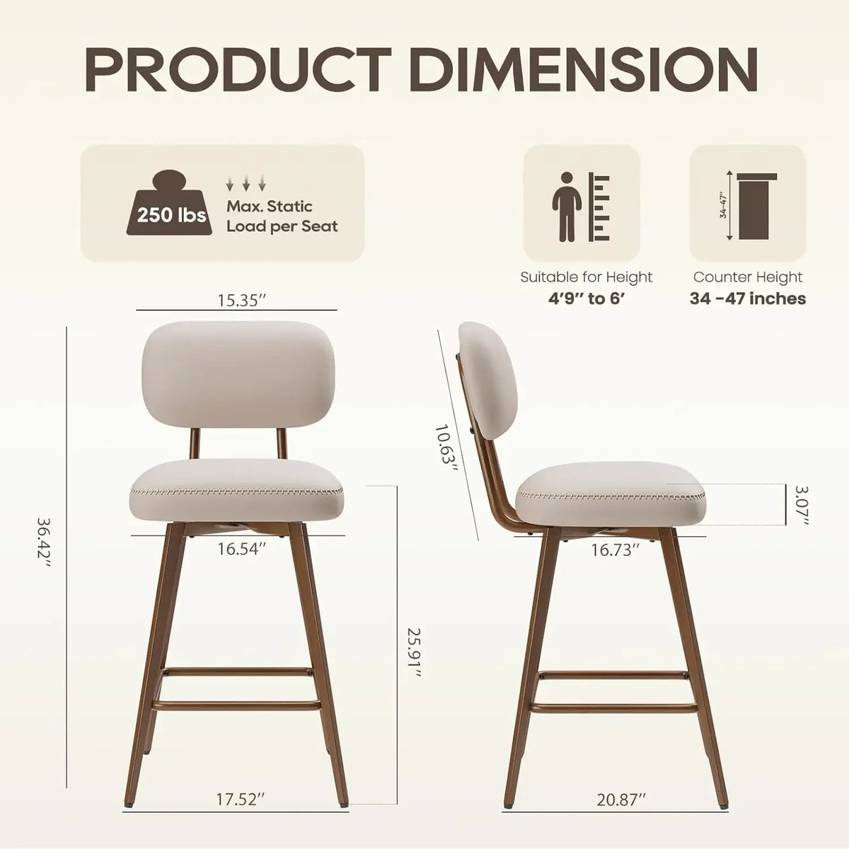 Dresden Collection | Geometric Brass-Accented Beige Swivel Barstools - presented at scale within a designed interior in a Mid-Century Modern dining room setting.