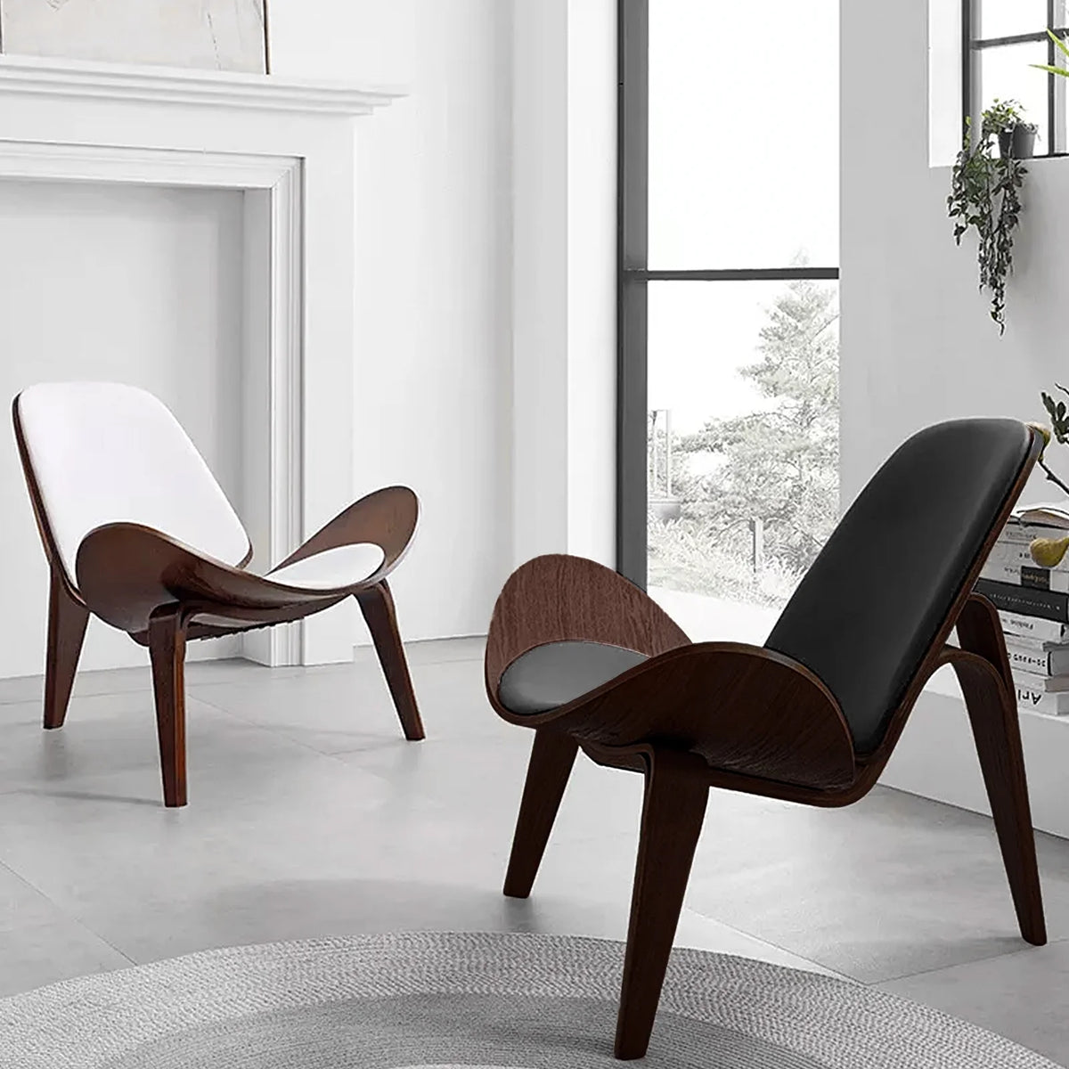 Shell Chair, Armless Mid Century Modern Accent Chair Faux Leather Shell Lounge Chair for Living Room, Tripod Side Chair with Padded Seat, (Walnut-White)