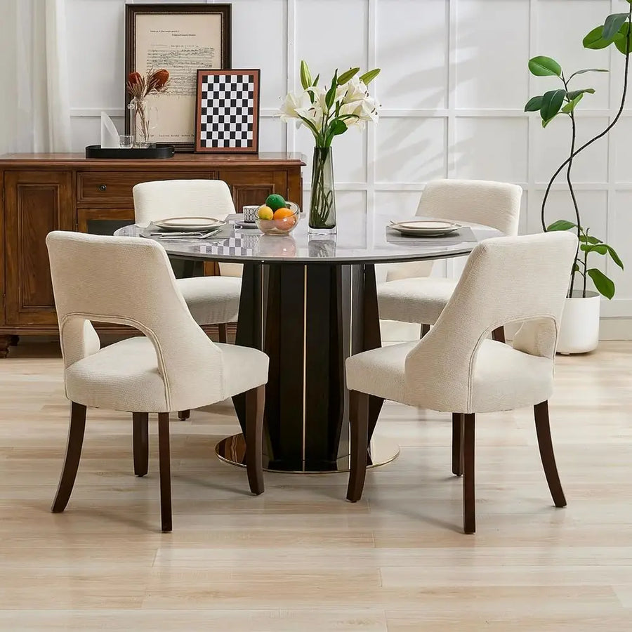 Fontaine Collection | Tapered-Leg Atomic-Era Linen-Weave Dining Chairs - showcasing full sculptural form and curated finish in a Mid-Century Modern dining room setting.
