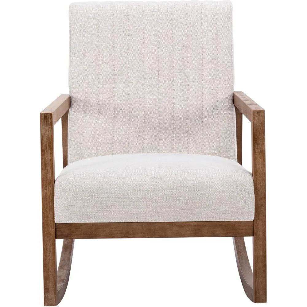 Belmont Collection | Sculptural Brass-Accented Linen Rocker - revealing tonal warmth and surface patina under ambient light in a Mid-Century Modern living room setting.