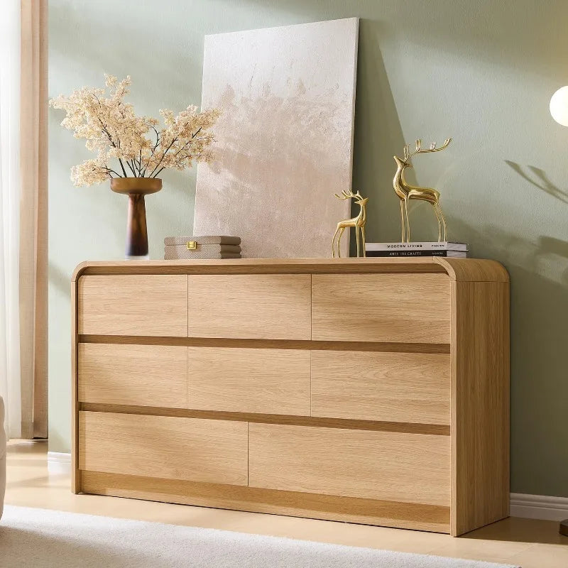 Dresden Collection | Sculptural Brass-Accented Walnut 8-Drawer Dresser - showcasing full sculptural form and curated finish in a Mid-Century Modern bedroom setting.
